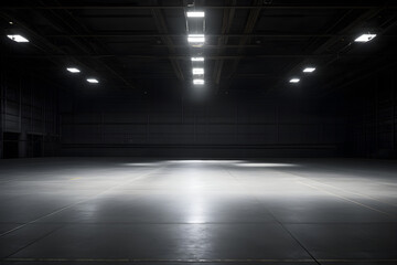 Großer, leerer Hangar, Halle, dunkel, diffuse Beleuchtung, erstellt mit generativer KI - 724044084