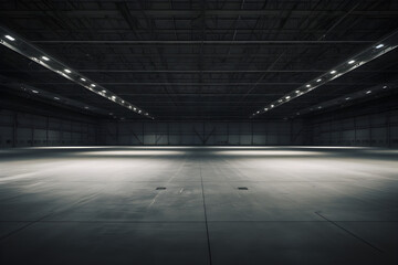 Großer, leerer Hangar, Halle, dunkel, diffuse Beleuchtung, erstellt mit generativer KI - obrazy, fototapety, plakaty