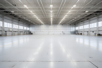 Großer, leerer Hangar, Halle mit heller Beleuchtung, erstellt mit generativer KI - 724044208