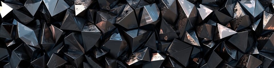 Enigmatic 3D wall of jet-black obsidian, with a mirror-like gloss and angular facets, creating an illusion of endless depth - obrazy, fototapety, plakaty