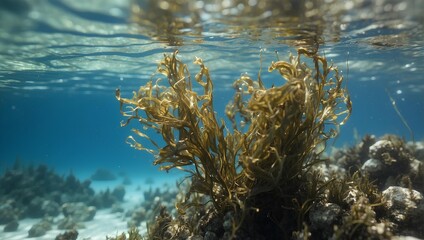 Fototapeta na wymiar Underwater view of seaweed swaying in a clear blue ocean. generative AI
