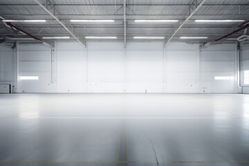 Großer, leerer Hangar, Halle mit heller Beleuchtung, erstellt mit generativer KI - 724044299
