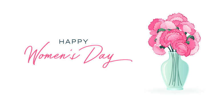 International Women's Day. 8 March. Banner, postcard with isolated bouquet of carnations in vase. Flowers on white background. Modern vertical vector design for poster, campaign, social media post. 