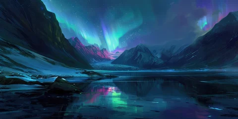 Foto op Plexiglas Generative AI, Green and pink northern lights above snowy mountains, winter landscape, aurora and reflection on the water surface © DELstudio
