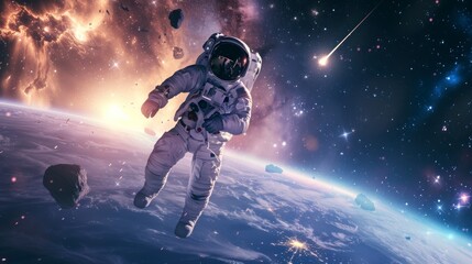 astronaut in space with earth background with asteroid impact