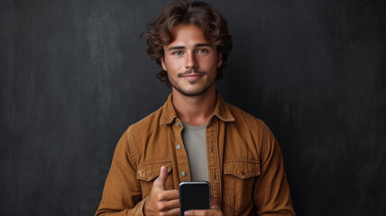 Attractive young male smiling holding mobile phone, professioanl portrait 