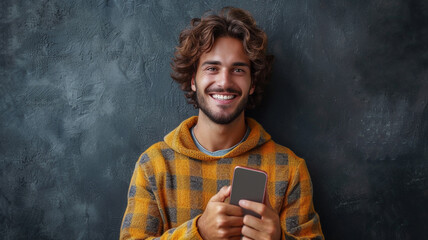 Fototapeta premium Attractive young male smiling holding mobile phone, professioanl portrait 