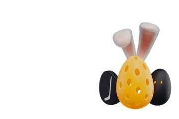 Sports balls for pickleball hockey squash in the shape of an egg with Easter bunny ears. 3d rendering