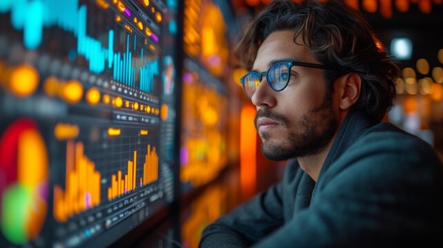 Business analytics, analyst meticulously works on a computer, managing data with KPIs and metrics connected to databases across technology, finance, operations and sales