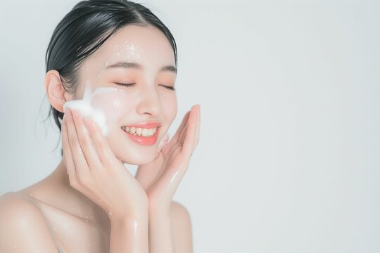 洗顔をする肌の綺麗な日本人女性（スキンケア・美肌・モデル） 