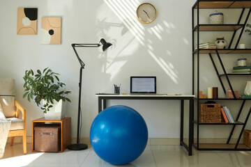Home office of freelancer software developer with fitness ball instead of chair