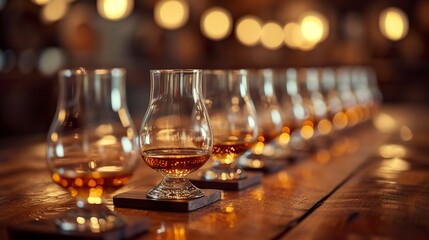 An elegant Irish whiskey tasting setting. Whiskey tasting environment in amber tones and crystal clear glasses in a visual spectacle. Space for tasting notes from connoisseurs.