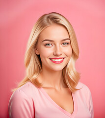 Fototapeta premium Portrait of a beautiful smiling young blonde girl dressed in rosy color t-shirt on pink background.