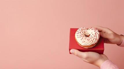 female hands holding a box with a custard donut on top, on a peach background, valentines day, banner, copy space