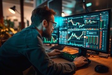 A trader deeply focused and stressed in front of a complex cryptocurrency trading dashboard