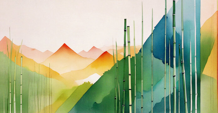 Hills and bamboo with watercolor paint effects.