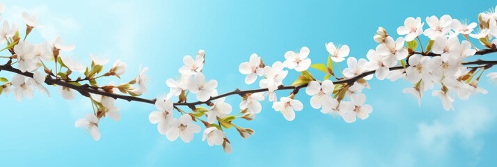 Fototapeta premium Branches with fresh white cherry flowers in full bloom against the blue sky. Blooming sakura, peaches and cherries on a blue background.
