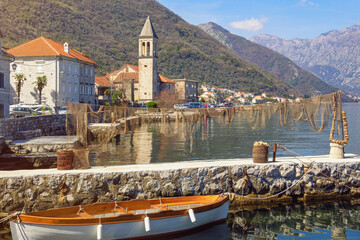 Beautiful Mediterranean landscape. Montenegro, Adriatic Sea. View of Kotor Bay and seaside Stoliv...