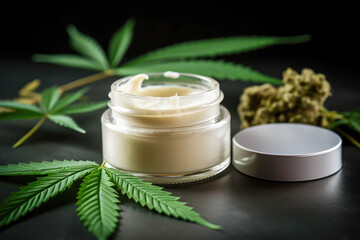 Fototapeta na wymiar Cannabis cream with marijuana leaf on dark background. Concept of herbal alternative medicine, CBD oil, pharmaceutical industry, cannabis cosmetics. 