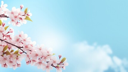 Branches with fresh white cherry flowers in full bloom against the blue sky. Blooming sakura, peaches and cherries on a blue background.