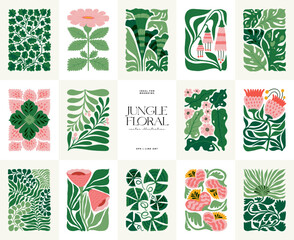 Floral abstract elements. Tropical Botanical composition. Modern trendy Matisse minimal style. Floral poster, invite. Vector arrangements for greeting card or invitation design