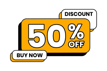 Discounts 50 percent off. Yellow template with outline on white background. Vector illustration