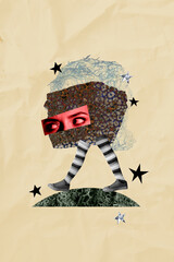 Vertical collage picture of funny weird unusual person going on street isolated on creative drawing...