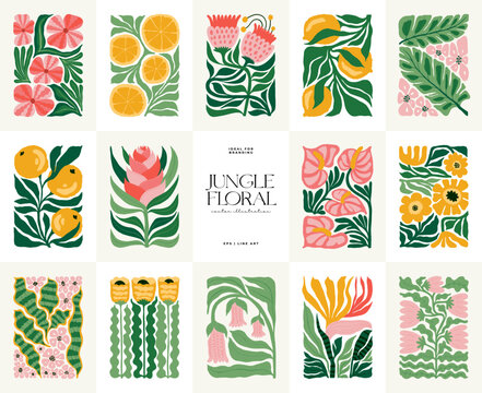 Fototapeta Floral abstract elements. Tropical Botanical composition. Modern trendy Matisse minimal style. Floral poster, invite. Vector arrangements for greeting card or invitation design