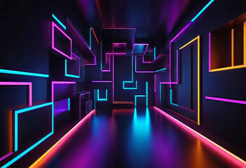 Dark background, abstract geometric blocks with neon light, 3D rendering, abstract background for decoration and design,