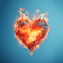 Fototapeta premium A heart burning in flames against a blue background.