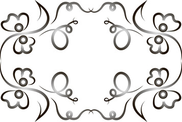 Graphic symmetrical fantasy ornament with flowers. Silver gradient. Ornament of curls and flowers on a transparent background