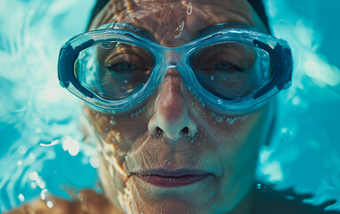 Fototapeta premium A mature woman wearing swimming goggles underwater in a swimming pool