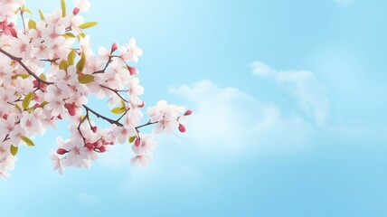 Branches with fresh white cherry flowers in full bloom against the blue sky. Blooming sakura, peaches and cherries on a blue background.