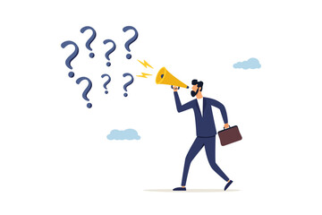 Businessman ask questions on megaphone with lot of question mark. Ask questions to get answer for solving problem, request explanation to solve issue or trouble concept.