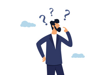 Frustrated businessman thinking and make decision with many question marks. Uncertainty, confusion and decision making, choosing options or choices, problem solving.