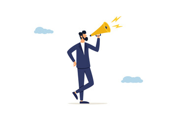 Confidence businessman leader speak out loud on megaphone. Speak up, communicate with confidence, telling the truth or presentation skill, storytelling.