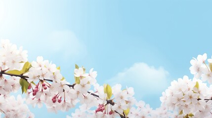 Naklejka premium Branches with fresh white cherry flowers in full bloom against the blue sky. Blooming sakura, peaches and cherries on a blue background.