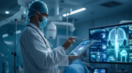 Virtual Hospital: Surgeon Examining Patient Data via Tablet