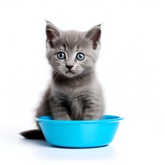 Obraz premium a grey kitten eating blue bowl, studio light , isolated on white background