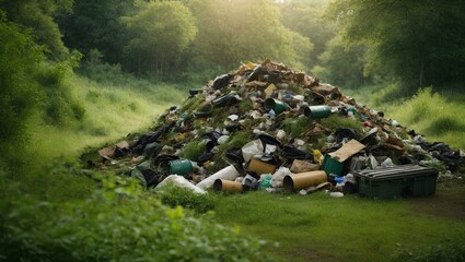 A pile of plastic waste in the green nature at morning