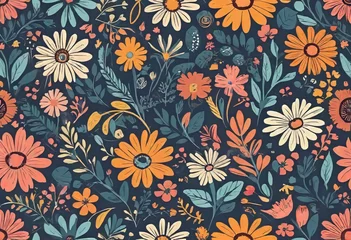 Fotobehang vector flat logo illustration, trendy floral seamless illustration. Vintage floral background in 70s style. © Perecciv