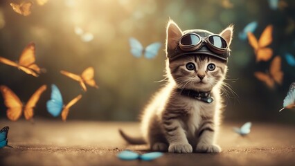 cat in the forest A playful kitten with an amused expression, wearing a tiny aviator hat and goggles, blue butterfly