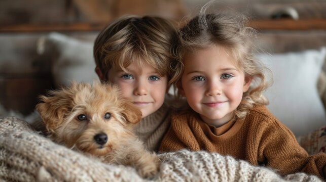 photo of children, a boy and a girl sitting on a sofa in the living room playing with a dog. slight background blur, white balance