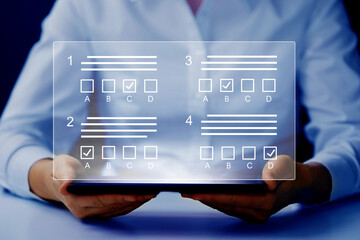    E-learning, education, online exam concept. Choose correct answer. Education internet online digital technology concept