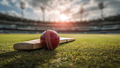 Cricket Leather Ball Resting on Bat at the Stadium Pitch