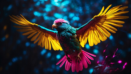 a bird with electrifying feathers that glow in vivid hues of neon yellow, pink, and turquoise.