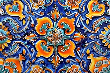 Colorful Spanish ceramic tiles with intricate Moorish arabesque patterns and floral motifs