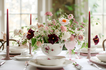 Festive table setting, flower arrangement with anthurium, English porcelain