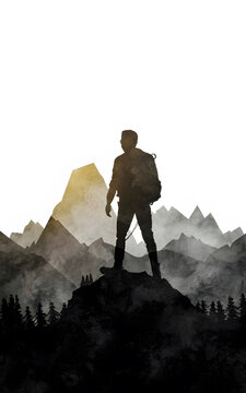Black and white picture close-up image of a silhouette of a hiker on a mountain peak. AI Generated