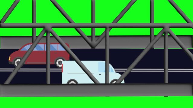 Cartoon flat animation of cars running on the bridge green screen chroma key